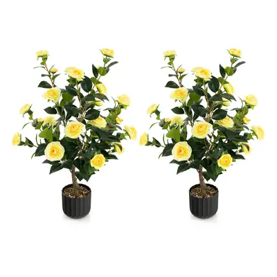 2PCS Yellow Artificial Camellia Trees in Cement Pot Free Maintenance