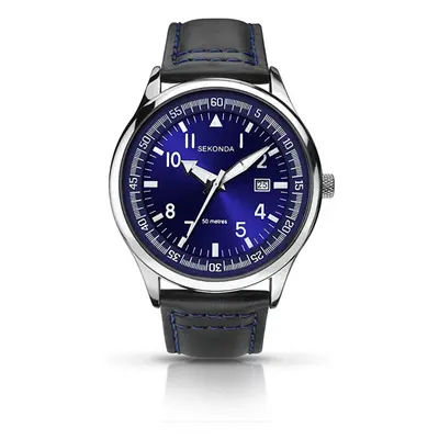 Sekonda Mens Black Leather Strap Blue Dial Analogue Watch