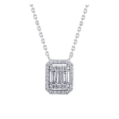 Jewelco London Rhodium Silver White Emerald CZ Octagon Frame Cluster Pendant Necklace - ANC087