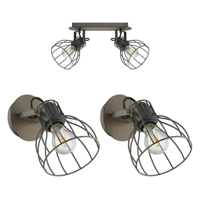 Twin Ceiling Spot Light & 2x Matching Wall Lights Black Industrial Wire Shade