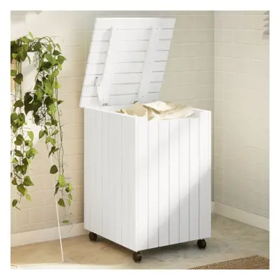 vidaXL Laundry Basket with Wheels Wash Hamper Organiser White Solid Wood Pine