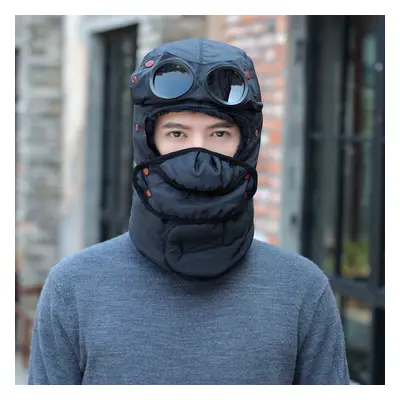 (Black) Winter Bomber Hats With Face Mask Plush Earflap with Goggles Warmer Windproof Thicken