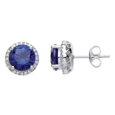 Jewelco London Ladies Sterling Silver Sapphire-Blue Cubic Zirconia Halo Stud Earrings - GVE617