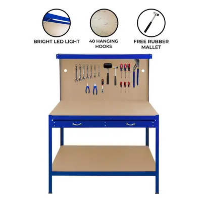 (Workbench with Pegboard, Drawer & Light â Blue) Workbench Pegboard Drawer LED Light Tool Gara