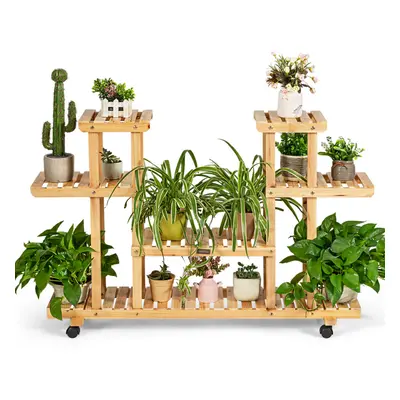 Wooden 4-Tier Flower Plant Stand Symmetric Flower Pot Shelf Wheels