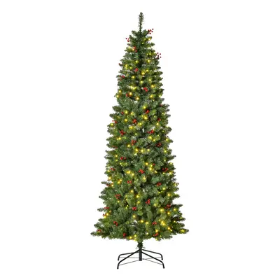 HOMCOM 7FT Prelit Pencil Christmas Tree w/ LED Light, Berry, Xmas Decoration