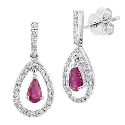 Jewelco London 18ct White Gold Round 20pts Diamond Pear 0.6ct Ruby Teardrop Drop Earrings - DE1A