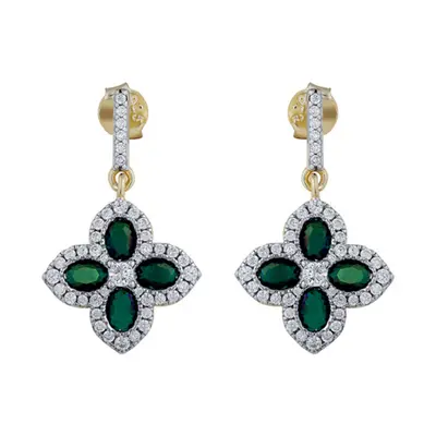 Jewelco London 14k Gold-plated Silver Green Oval CZ Pointed Quatrefoil Clover Hanging Drop Earri