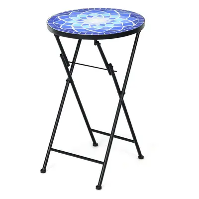 Folding Mosaic Side Table 36cm Round w/ Big Flowers Ceramic Tile Top