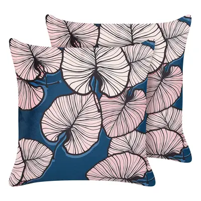 Set of Velvet Cushions Leaf Pattern x cm Blue and Pink CHRYSANTHEMUM