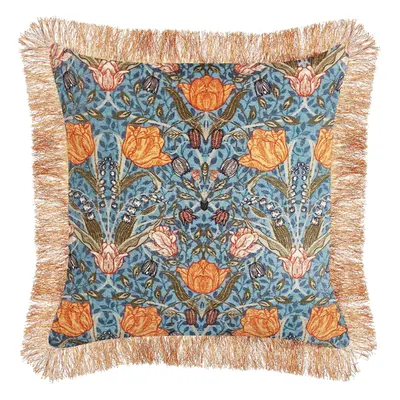 Velvet Fringed Cushion with Flower Pattern x cm Blue and Orange MITELLA