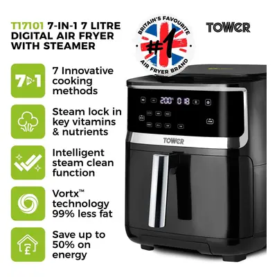 Tower T17101 Vortx Air Fryer with Steam Function 1700W, 7L in Black