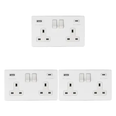 3 PACK Gang Double 13A UK Plug Socket & 2x 3.1A USB-C & A SCREWLESS MATT WHITE