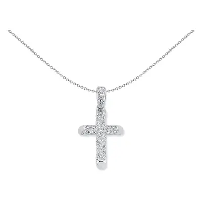 Jewelco London Rhodium Plated Sterling Silver Round Cubic Zirconia Row Pave Cross Pendant Neckla