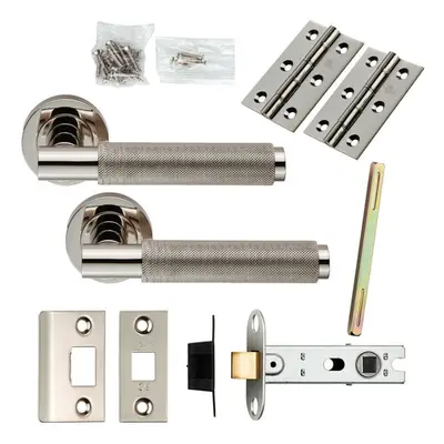 Door Handle & Latch Pack Polished Nickel Knurled Lever Screwless Round Rose