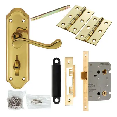 Door Handle & Bathroom Lock Pack Brass Victorian Scroll Lever Turn Backplate