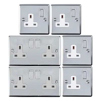 UK Plug Socket Pack -2x Twin & 4x Single Gang- CHROME / Grey 13A Switched