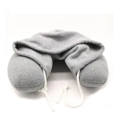 (Grey) Hooded Travel Neck Pillow Support U-Shaped Eye Mask