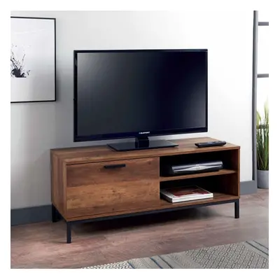 Tromso TV Unit Features a black metal base, and handles.- Black