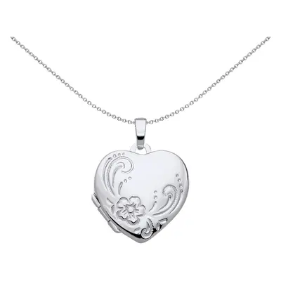 Jewelco London Ladies Rhodium Plated Sterling Silver Flower Leaves Engraved Love Heart Locket Pe