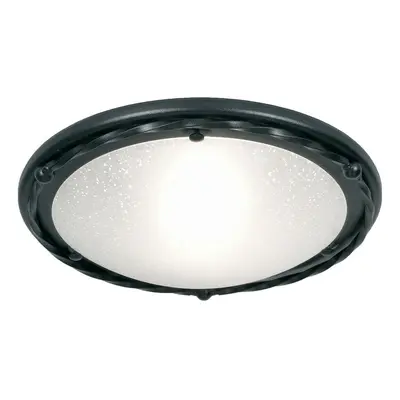 Flush Light Twisted Iron Pattern Surround Opaque Glass Shade Black LED E27 60W