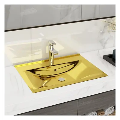 vidaXL Wash Basin with Overflow 60x46x16cm Ceramic Gold Bathroom Sink Bowl