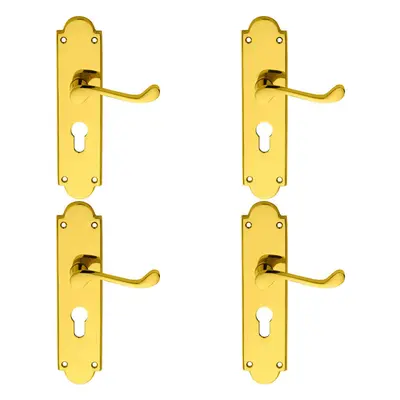 4x PAIR Victorian Scroll Lever on Euro Lock Backplate x 49mm Polished Brass