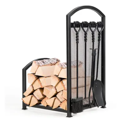 Firewood Log Rack Fireplace Log Holder Set w/ Tong Brush Shovel & Poker