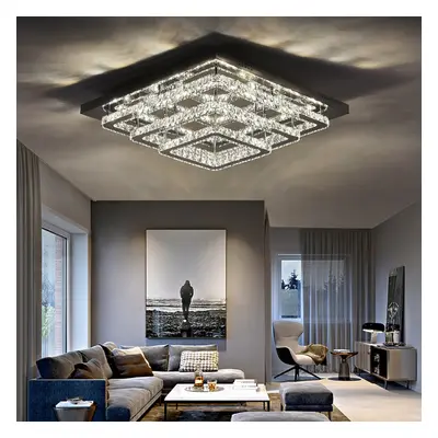 (60cm Level-Square, Cool White) Modern LED Ceiling Light Crystal Flush Chandelier