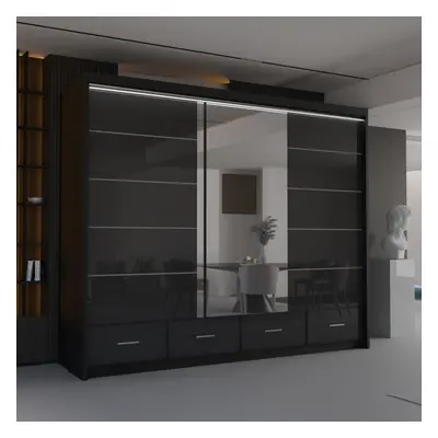 (Black, 255) Malega High Gloss Sliding Mirror Door Wardrobe