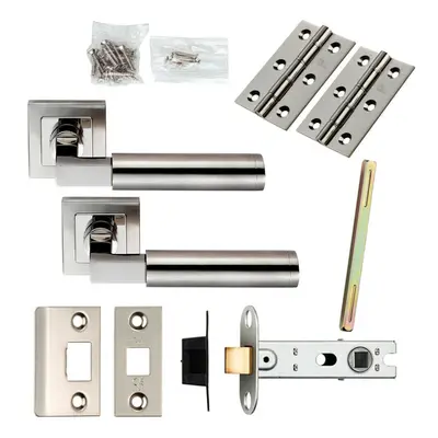 Door Handle & Latch Pack Polished & Satin Steel Square Cut Bar Screwless Rose