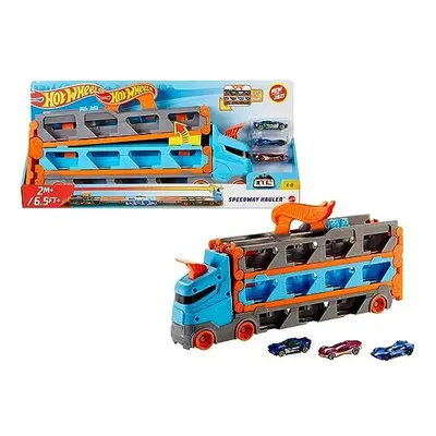 Hot Wheels Speedway Hauler Storage Carrier with 1:64 Scale Cars & Convertible 6-Foot Drag Race T