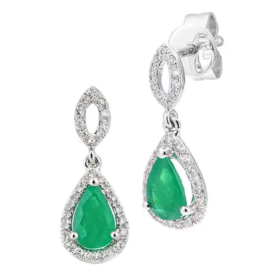 Jewelco London 18ct White Gold Round 12pts Diamond Pear 3/4ct Emerald Cluster Drop Earrings - DE