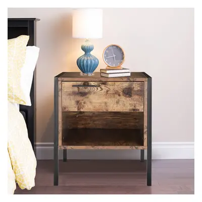 Industrial Bedside Table Nightstand with Drawer & Storage Shelf