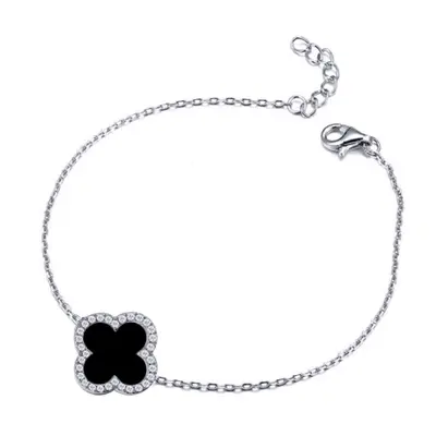 Jewelco London Silver Black Clover Onyx & CZ Halo Lucky Charm Chain Bracelet 7-8.5" - ABB241