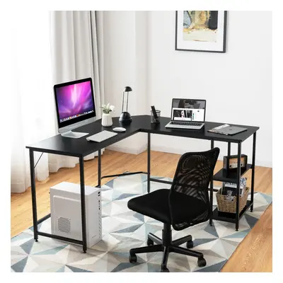 L-Shaped Desk W/ 2-Teir Storage Shelf Premium Metal Frame & Solid Footrest