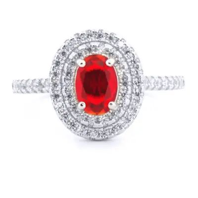 (P) Jewelco London Silver Rhodium CZ Set Oval Cluster Ruby Red Centre - ARN187R