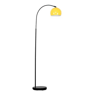 Modern Designer Style Black Curved Stem Floor Lamp with a Gloss Yellow Arco Style Metal Dome Lig