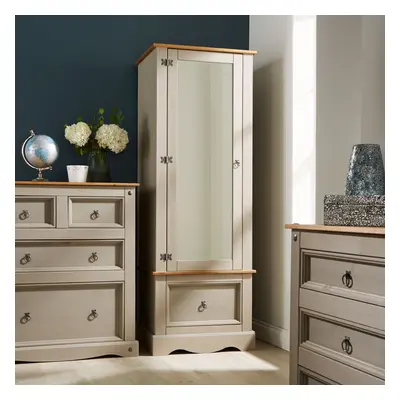 Grey Pine Armoire Wardrobe Door Mirrored Storage Drawer Solid Wood