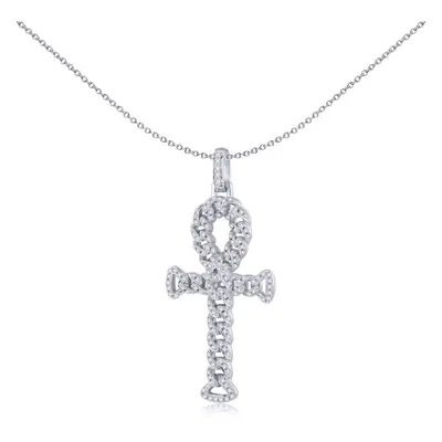 Jewelco London Unisex Rhodium Silver Round CZ Encrusted Curb Link Ankh Cross Pendant - APX048