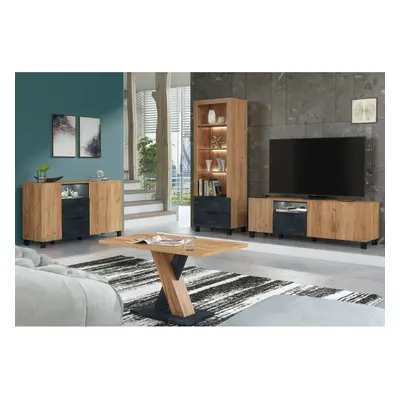 Furneo Living Room Set TV Stand Display Cabinet Sideboard Coffee Table Oak & Black Concrete Effe