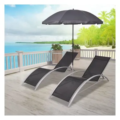 vidaXL Sun Lounger Set pcs with Umbrella Aluminium Black Patio Bench Chairs