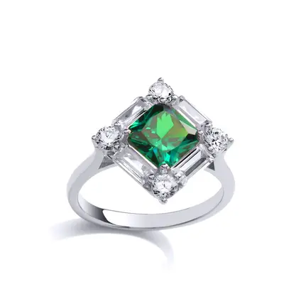 (O) Jewelco London Ladies Sterling Silver Emerald-Green Princess Cut Cubic Zirconia Square Frame