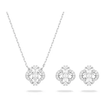 Swarovski Necklace and Earrings Stud Set, Clover Designs, Floating Clear Crystals, Rhodium Plate