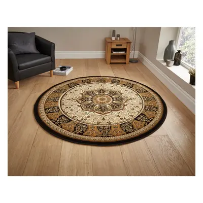 (Black, 150cm Circle) Heritage Classic Floral Swirl Pattern Rug Wool Look Pile Home Mat