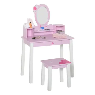 HOMCOM Kids Dressing Table and Stool Set Make Up Desk with Storage (Pink)