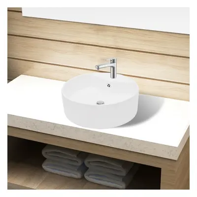 vidaXL Ceramic Bathroom Sink Basin Faucet/Overflow Hole White Round Fixture