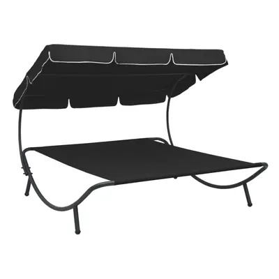 vidaXL Outdoor Lounge Bed with Canopy Black Chaise Lounge Patio Home Sun Bed