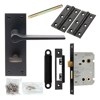 Door Handle & Bathroom Lock Pack Matt Black Flat Lever Thumb Turn Backplate