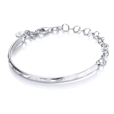 Jewelco London Ladies Sterling Silver Cubic zirconia Adjustable Floral Engraved Semi Bangle Brac